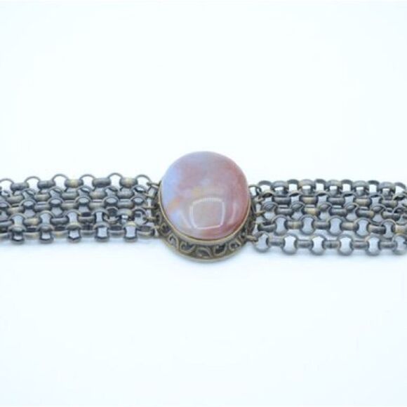 Artisan Jewelry - Bracelet with Natural Red Moss Agate Stone, 5 Chain Links and Toggle Closure.